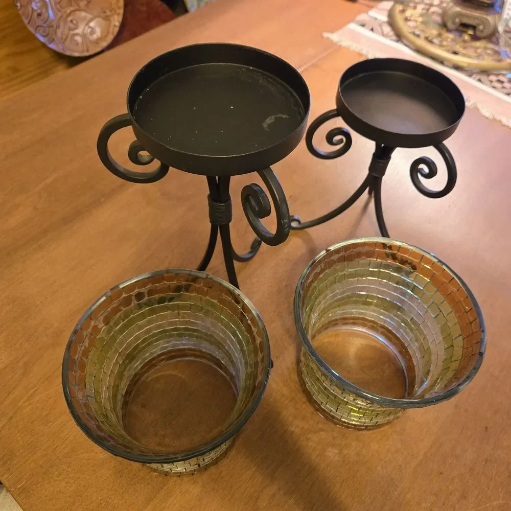 Set Of 2 Partylite Amber Green Mosaic Glass & Iron Global Fusion Candle Holders - Picture 5 of 8